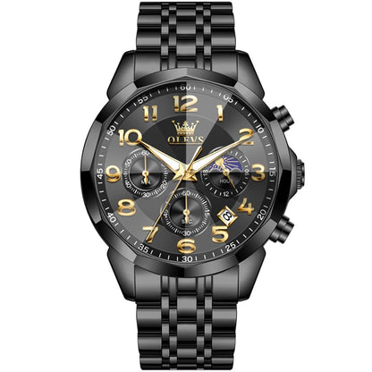 OLEVS Watches Men Luxury Chronograph Moon Phase Waterproof Luminous Watches for Men Analog Quartz Calendar Stainless Steel Strap Wrist Watches-(Black/Blue/Gold/Grey/Silver Face)