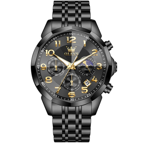 OLEVS Watches Men Luxury Chronograph Moon Phase Waterproof Luminous Watches for Men Analog Quartz Calendar Stainless Steel Strap Wrist Watches-(Black/Blue/Gold/Grey/Silver Face)