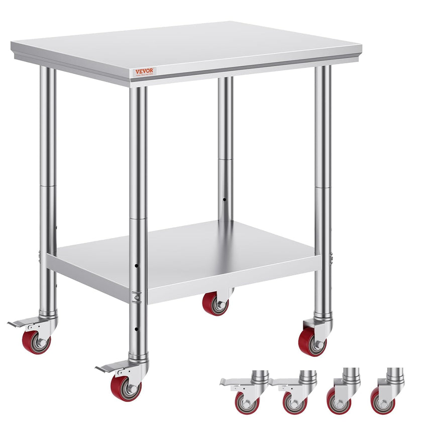 Vevor Mophorn Stainless Steel Work Table 36x24 Inch with 4 Wheels, Casters Heavy Duty Food Prep Worktable for Commercial Kitchen Restaurant, Silver