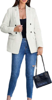 Mina Self Womens 2024 Tweed Blazers Warm Double Breasted Lapel Long Sleeve Fashion Casual Work Suits Jacket