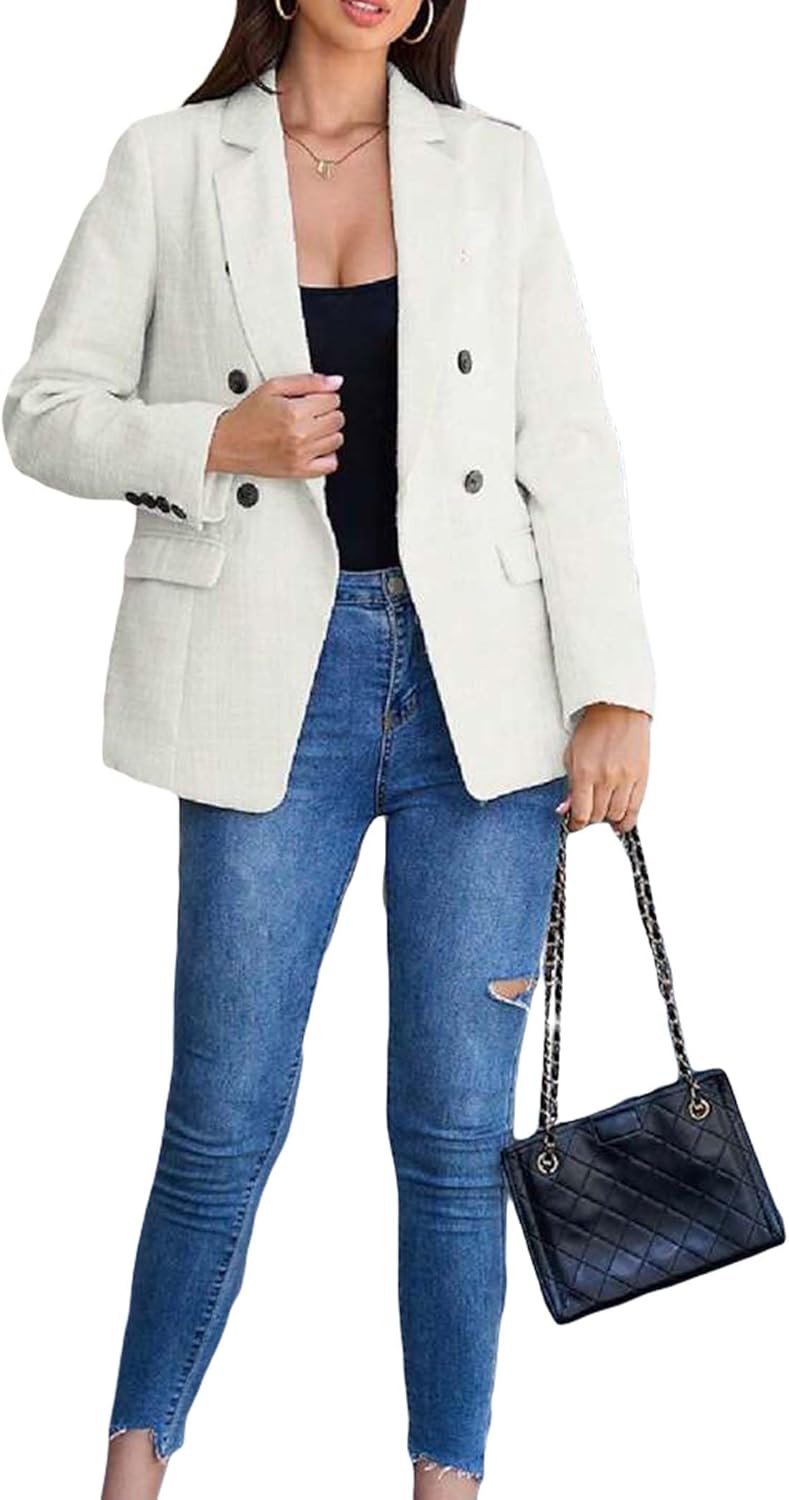 Mina Self Womens 2024 Tweed Blazers Warm Double Breasted Lapel Long Sleeve Fashion Casual Work Suits Jacket