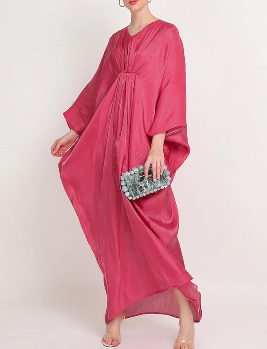 Panegy Women's Shiny Long Dress V-Neck Batwing Sleeve Kaftan Dress Solid Ethnic Maxi Robe