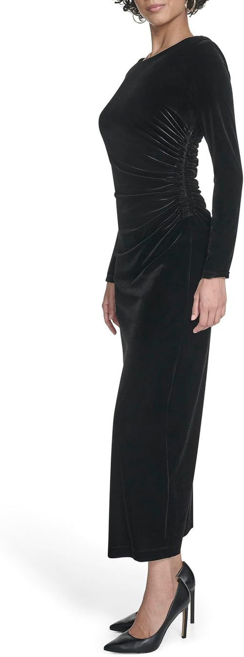 Calvin Klein Womens Long Sleeve Round Neck Velvet Straight Maxi Dress