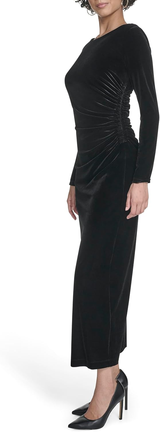 Calvin Klein Womens Long Sleeve Round Neck Velvet Straight Maxi Dress