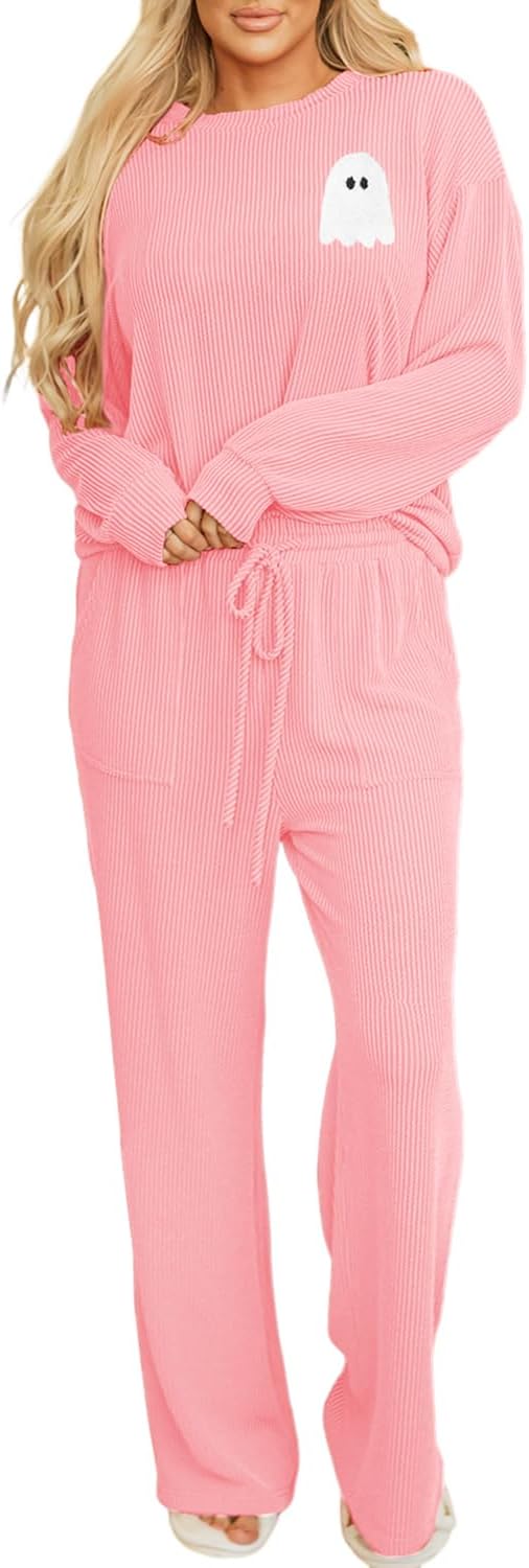 Women Pajamas Set Loungewear Ribbed Long Sleeve Top and Pants with Pockets Lounge Sweatsuit Set