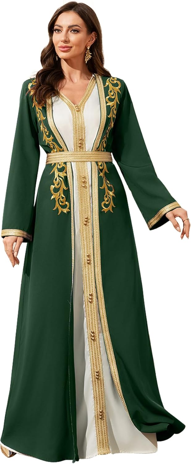 Elegant Muslim Dress with Gold Embroidered Evening Gown, Traditional Islamic Attire