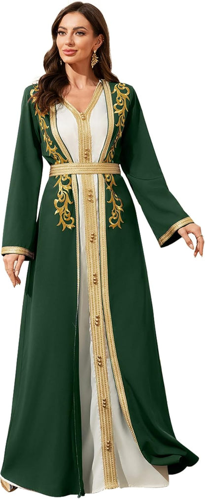 Elegant Muslim Dress with Gold Embroidered Evening Gown, Traditional Islamic Attire