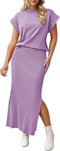 Pink Queen Women's 2 Piece Sweater Outfits Set Summer Cap Sleeve Tops Bodycon Maxi Long Skirt Knit Dresses