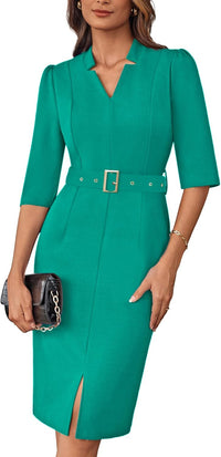 GRACE KARIN Women's Work Dress 3/4 Sleeve V Neck Bodycon Sheath Dress Zipper Up Office Business Dresses with Belt