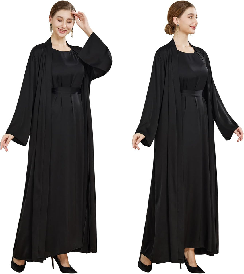 khalat Women Muslim Abaya Dress 2PCS Lightweight Satin Abaya Dress for Women Islamic Dubai Modest Kaftan Prayer Dress
