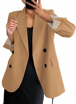 Mina Self 2025 Fall Women's Oversized Double-Breasted Blazer Striped-Lined Work Causal Business Suit Jacket with Pockets