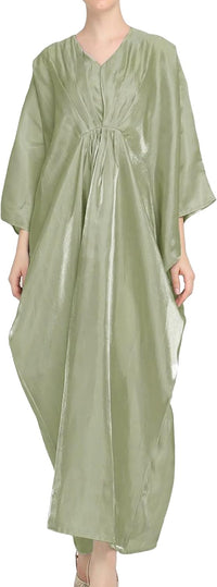 Panegy Women's Shiny Long Dress V-Neck Batwing Sleeve Kaftan Dress Solid Ethnic Maxi Robe