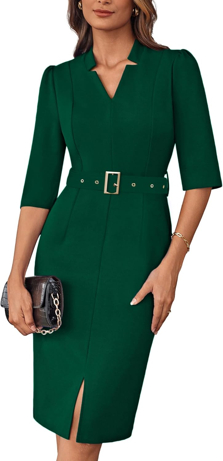 GRACE KARIN Women's Work Dress 3/4 Sleeve V Neck Bodycon Sheath Dress Zipper Up Office Business Dresses with Belt