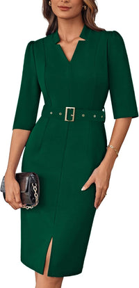 GRACE KARIN Women's Work Dress 3/4 Sleeve V Neck Bodycon Sheath Dress Zipper Up Office Business Dresses with Belt