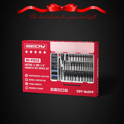 80-Piece Premium Magnetic Impact Nut Driver Set Metric & SAE with Socket Adapters, Bit Holder, Wing Nut Driver, Universal Sockets, Quick Release Extension, Power Bits