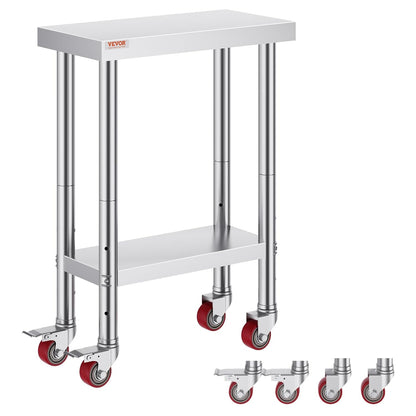 Vevor Mophorn Stainless Steel Work Table 36x24 Inch with 4 Wheels, Casters Heavy Duty Food Prep Worktable for Commercial Kitchen Restaurant, Silver