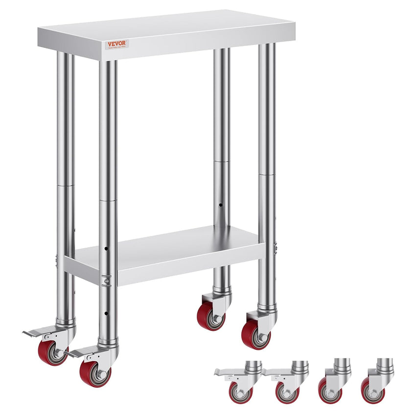 Vevor Mophorn Stainless Steel Work Table 36x24 Inch with 4 Wheels, Casters Heavy Duty Food Prep Worktable for Commercial Kitchen Restaurant, Silver