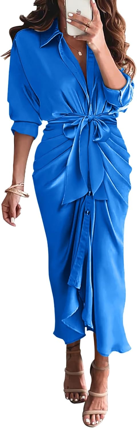 BTFBM Summer Dresses for Women 2025 Long Sleeve Lapel V Neck Button Down Elegant Belted Ruched Satin Shirt Fall Dress