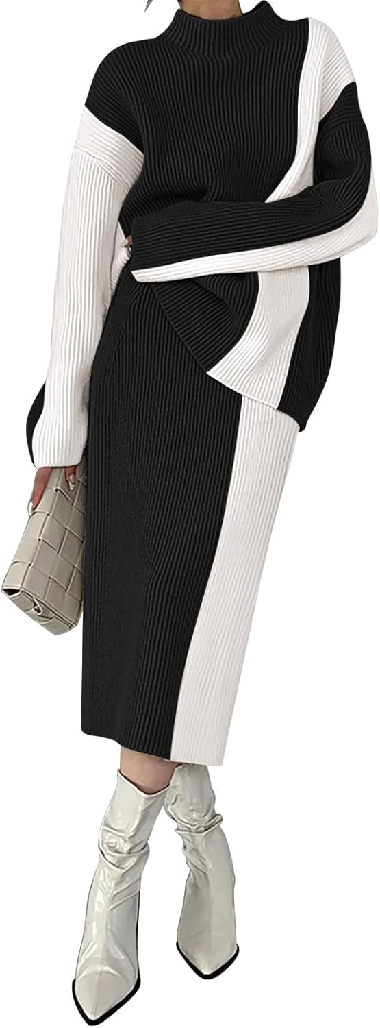Pink Queen Women's 2 Piece Outfits 2025 Fall Winter Sweater Skirt Set Long Sleeve Oversized Top High Waist Color Block Dress