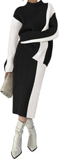 Pink Queen Women's 2 Piece Outfits 2025 Fall Winter Sweater Skirt Set Long Sleeve Oversized Top High Waist Color Block Dress