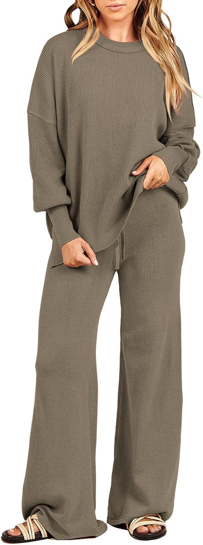 ANRABESS Womens 2 Piece Outfits Fall Lounge Set 2025 Oversized Chunky Knit Sweater Top Wide Leg Pants Loungewear Clothes