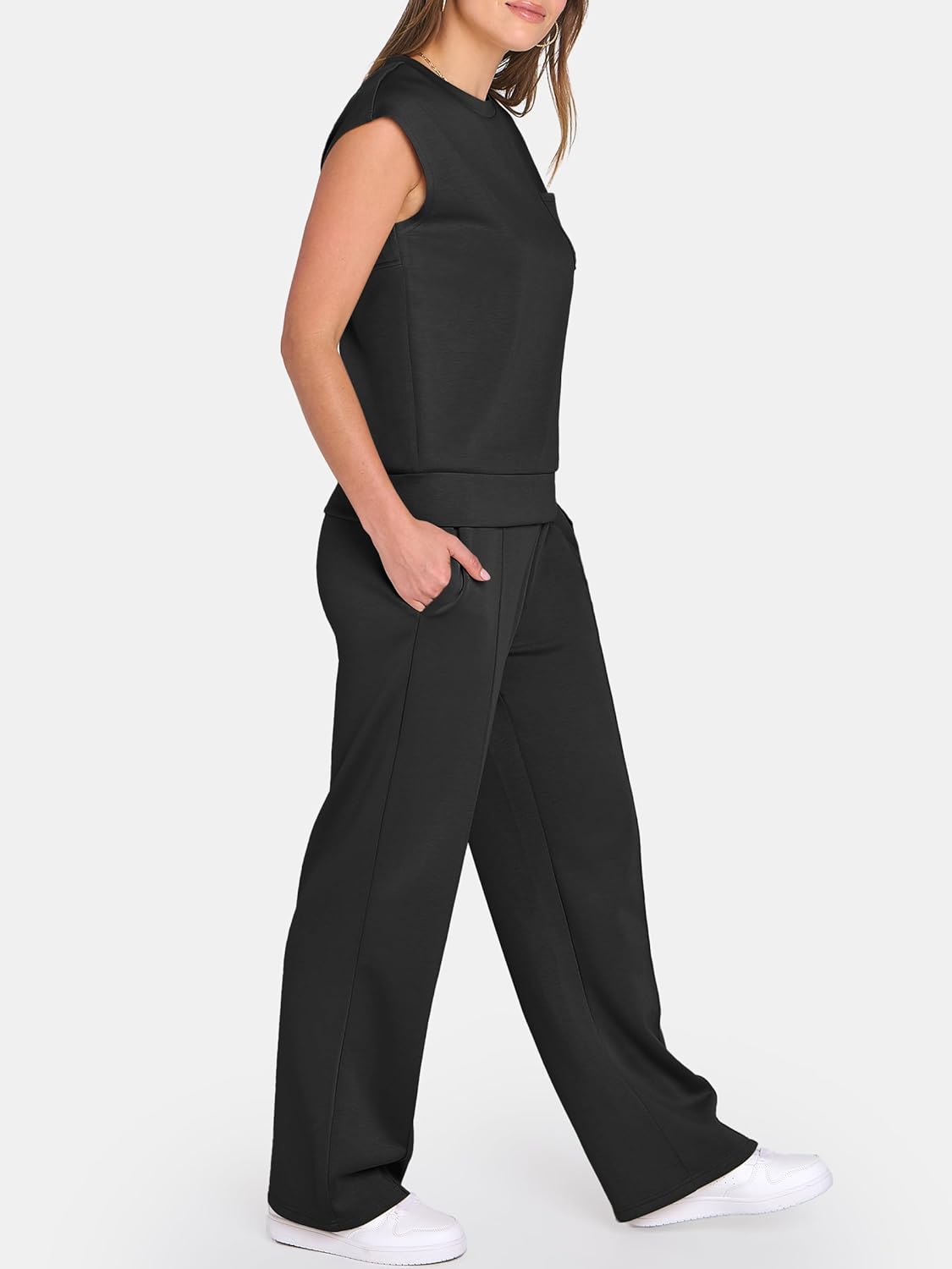 ANRABESS Two Piece Sets for Women Summer Sleeveless Sweatsuits Wide Leg Casual Lounge Set Matching Vacation Travel Outfits