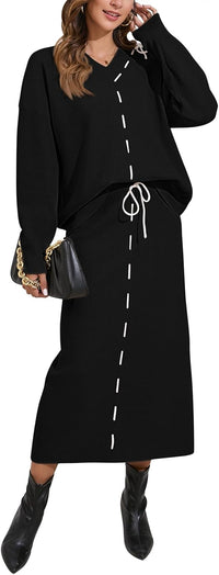Pink Queen 2025 Women's 2 Piece Sweater Set V Neck Rib Knit Long Sleeve Maxi Bodycon Skirt Casual Outfits