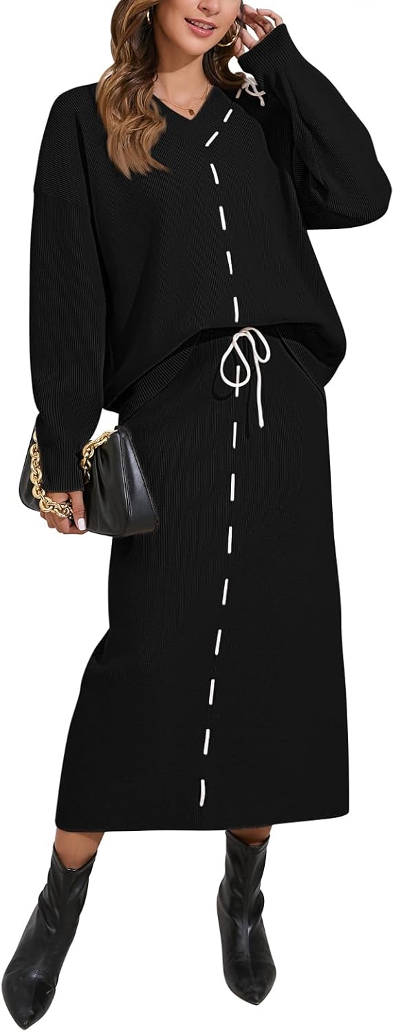 Pink Queen 2025 Women's 2 Piece Sweater Set V Neck Rib Knit Long Sleeve Maxi Bodycon Skirt Casual Outfits