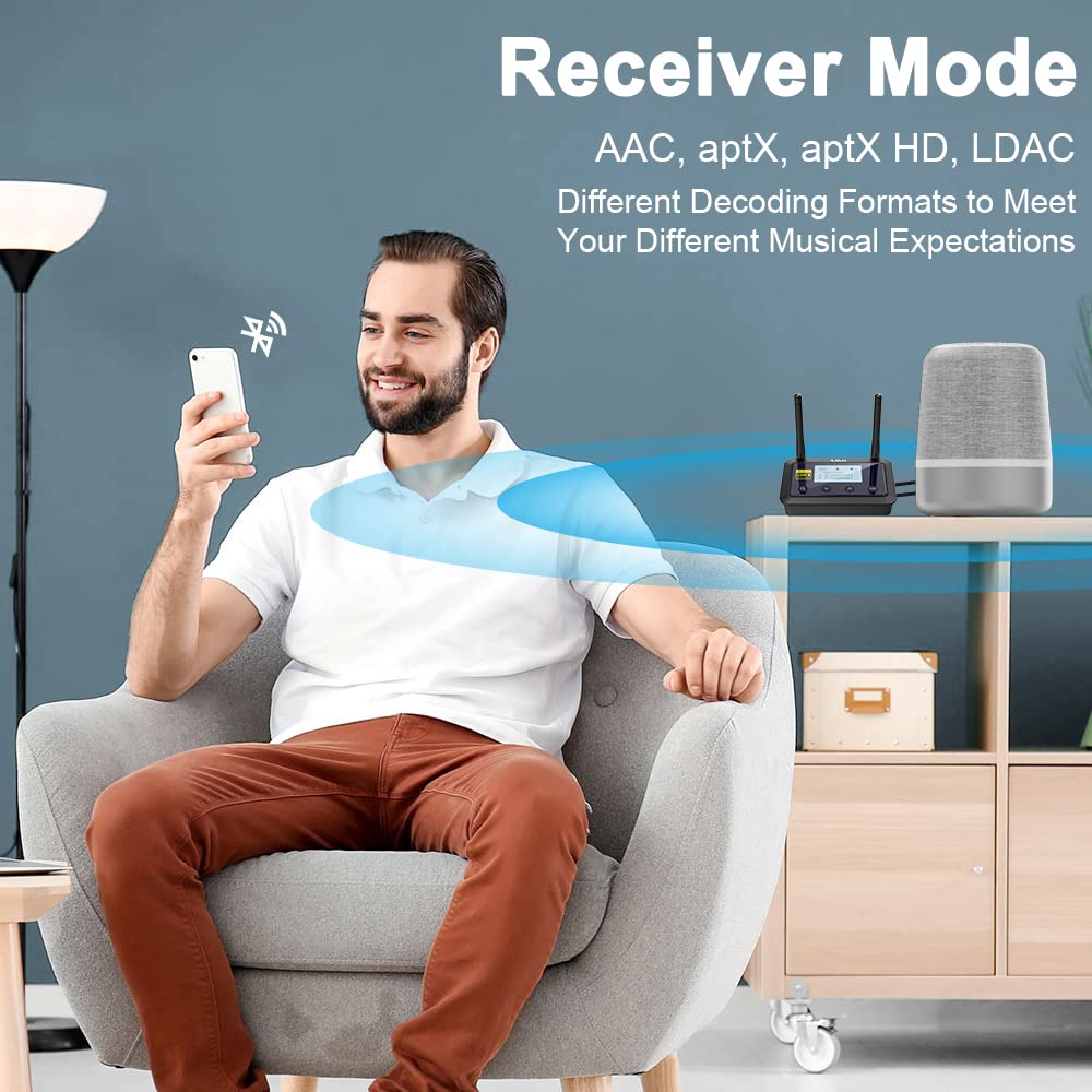 1Mii B03Pro+ Bluetooth 5.3 Transmitter Receiver Certified LDAC for TV Home Stereo, Long Range Bluetooth Extender Wireless Audio Adapter with Screen, Optical RCA AUX 3.5mm Outputs/Inputs