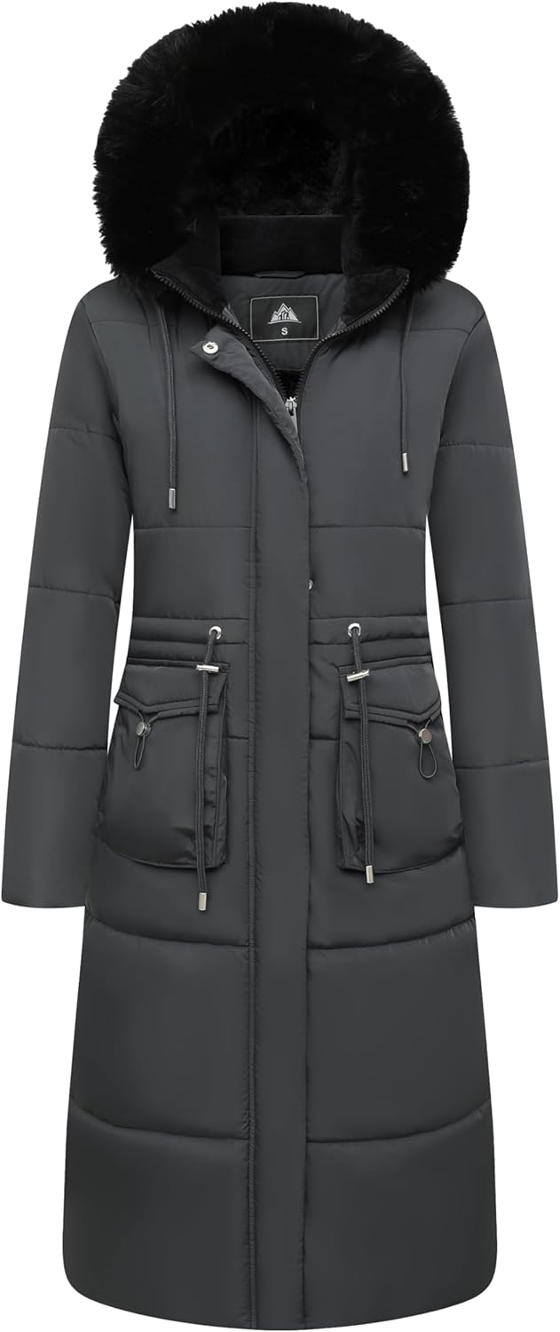 MOERDENG Women's Long Winter Puffer Coat Waterproof Warm Maxi Down Jacket Faux Fur Removable Hood Parka