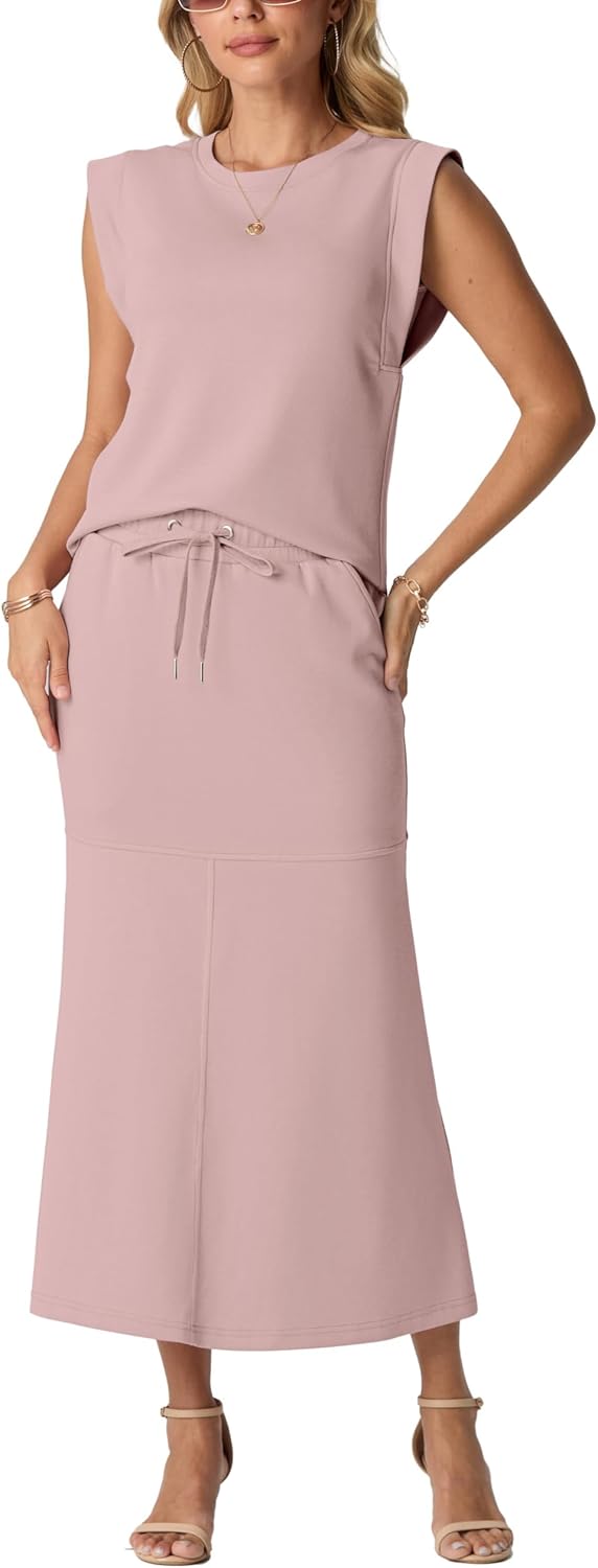 GRECERELLE Women Summer 2 Piece Sets Round Neck Wrinkle-Free Top & Elastic Waist Midi Fishtail Skirt with Pockets(XS-3XL)