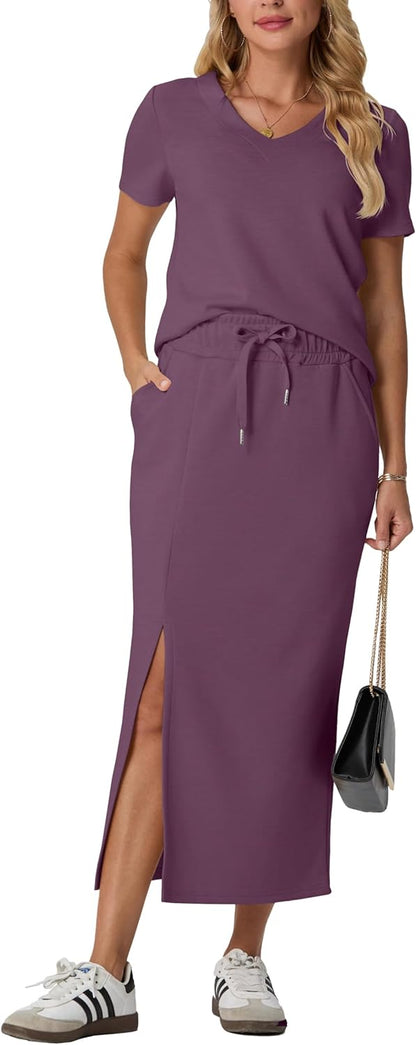 GRECERELLE Women Summer Casual 2 Piece Sets V-Neck Wrinkle-Free Top & Elastic Waist Midi Side Slit Skirt with Pockets(XS-3XL)