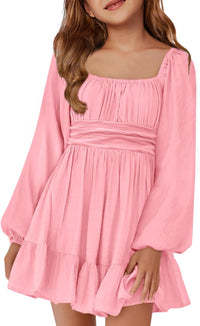 Batermoon Girls Long Sleeve Tie Back Dress Kids Fall Square Neck A-Line Mini Dresses 5-14 Years