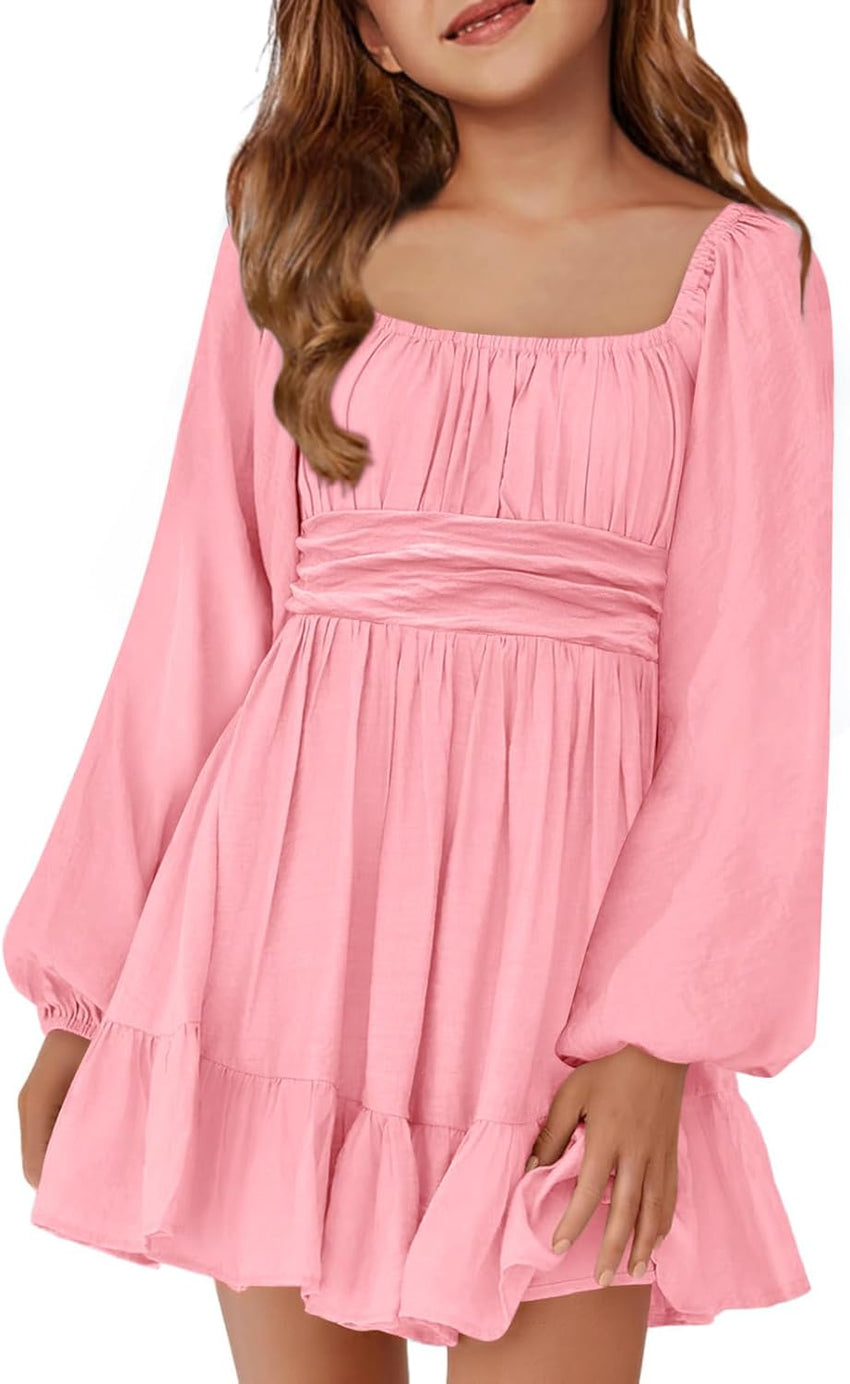 Batermoon Girls Long Sleeve Tie Back Dress Kids Fall Square Neck A-Line Mini Dresses 5-14 Years