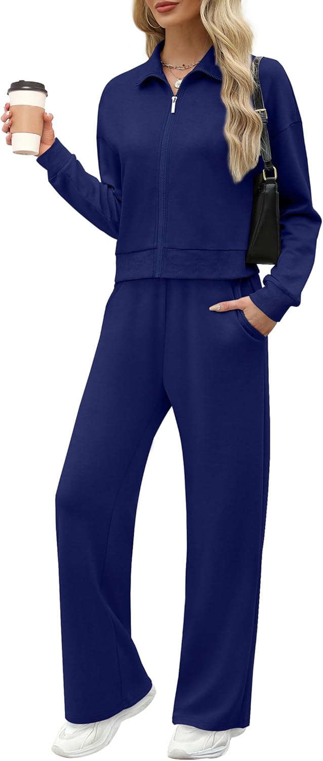 XIEERDUO Lounge Sets for Women 2025 Sweatsuit 2 Piece Outfits Sweatshirt Wide Leg Sweatpant Tracksuit Matching Set