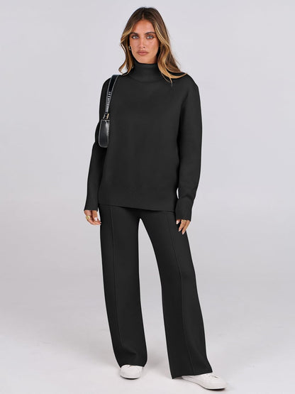 ANRABESS Womens 2 Piece Outfits Turtleneck Matching Lounge Set Sweater Top Wide Leg Pants Fall Cozy Knit Sweatsuit Loungewear