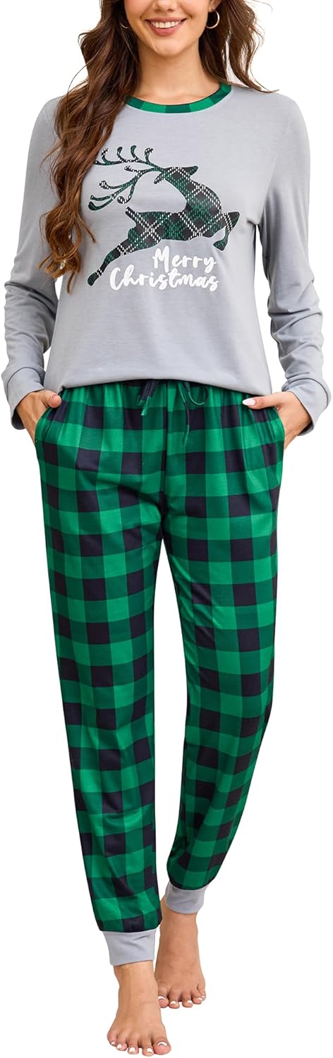 difficort Womens Christmas Pajamas Long Sleeve Pj Set Soft Plaid Pants Sleepwear with Pockets