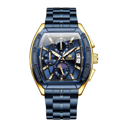 OLEVS Watches Men Chronograph Waterproof Rectangle Face Moon Phase Stainless Steel Strap Dress Watches for Men Luminous Quartz Calendar Mens Wrist Watch