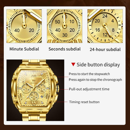 OLEVS Watches Men Chronograph Waterproof Rectangle Face Moon Phase Stainless Steel Strap Dress Watches for Men Luminous Quartz Calendar Mens Wrist Watch