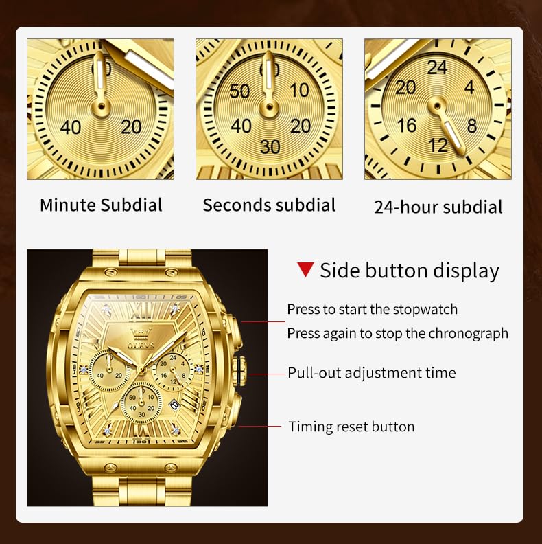 OLEVS Watches Men Chronograph Waterproof Rectangle Face Moon Phase Stainless Steel Strap Dress Watches for Men Luminous Quartz Calendar Mens Wrist Watch