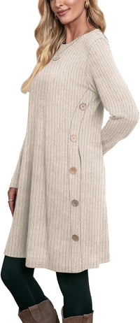 OFEEFAN Fall and Winter Tunic Dress with Pockets Long Sleeve Crew Neck Buttons Side