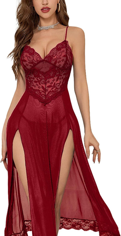 Sexy Split Mesh Lace Floral Sheer Babydoll Lingerie Outfit Dress 2 Piece with Thong Set
