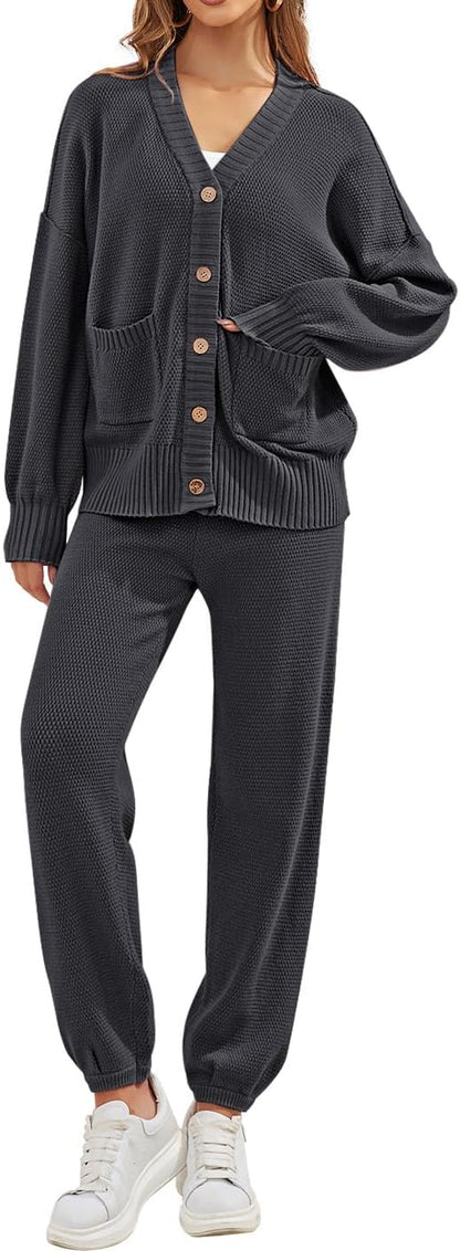 Women's 2 Piece Outfit Lounge Set Trendy Cardigan Sweater Pants Sets V Neck Button Pocket Knit Matching Loungewear