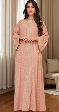 Boedaty Women Summer Muslim Abaya Dress One-Piece Embroidered V Neck Bronzing Kaftan Dress Full Length Party Dress