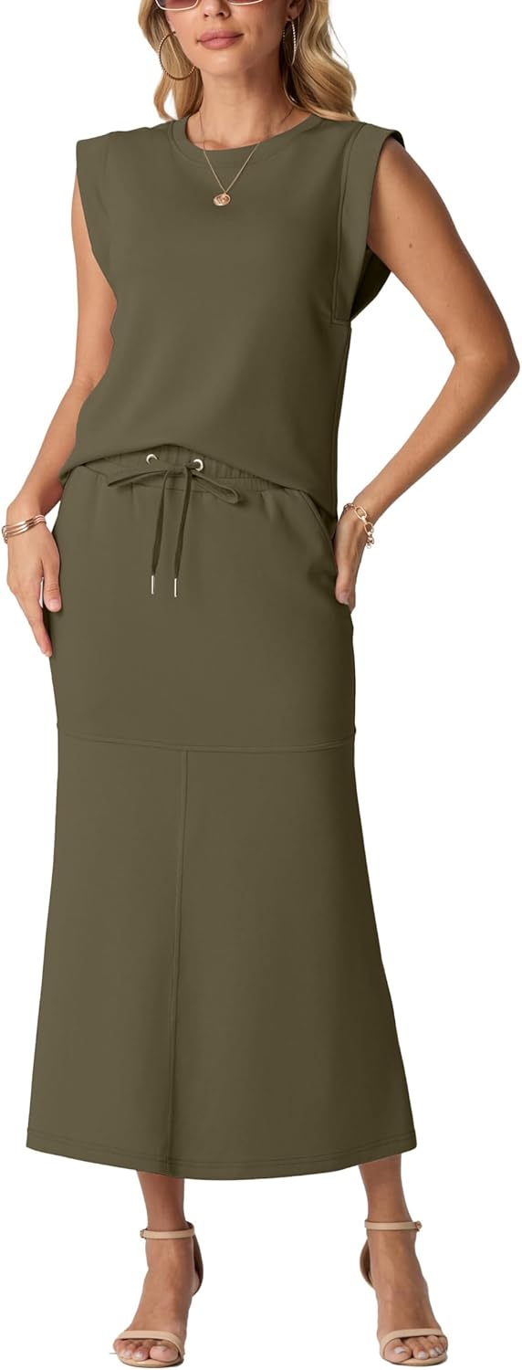 GRECERELLE Women Summer 2 Piece Sets Round Neck Wrinkle-Free Top & Elastic Waist Midi Fishtail Skirt with Pockets(XS-3XL)