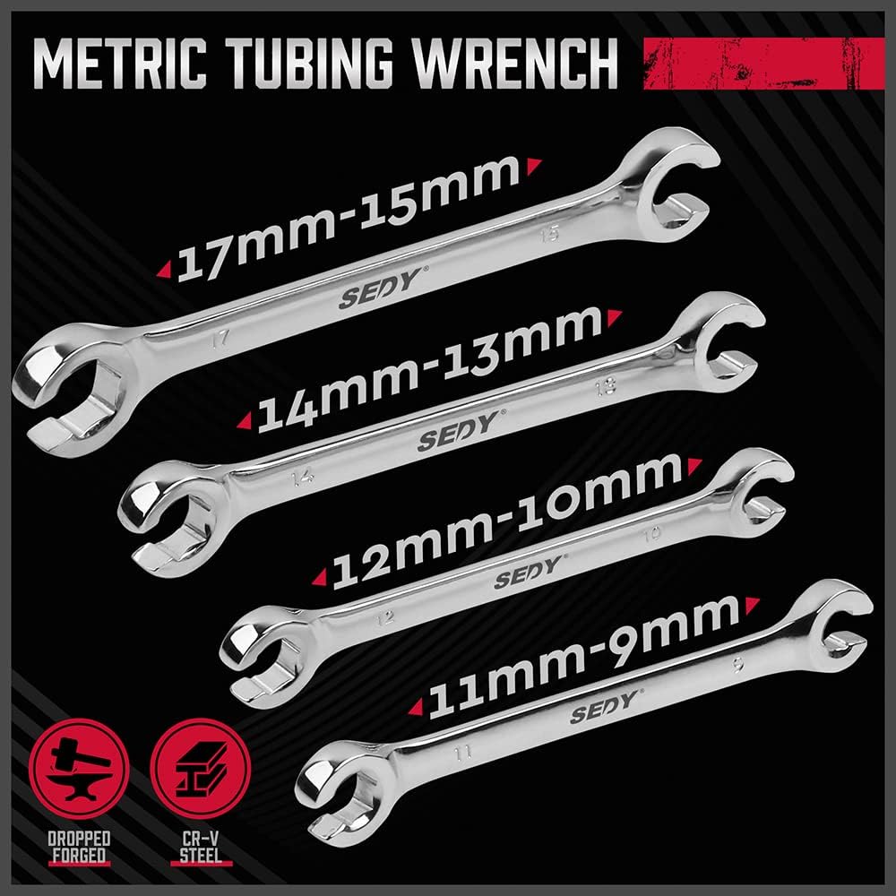 SEDY 4-Piece Flare Nut Wrench Set, Offset End Spanner Metric 9 10 11 12 13 14 15 17mm, CR-V Steel Storage Pouch Repair and Remove Nuts on Fuel Tube Hose Transmission Line