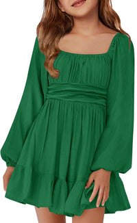 Batermoon Girls Long Sleeve Tie Back Dress Kids Fall Square Neck A-Line Mini Dresses 5-14 Years