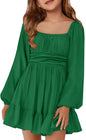 Batermoon Girls Long Sleeve Tie Back Dress Kids Fall Square Neck A-Line Mini Dresses 5-14 Years