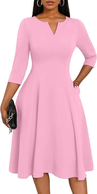 Nmoder Midi Dresses for Women A-Line Fit and Flare Dress 3/4 Sleeve V Neck Cocktail Wedding Guest Work Dress with Pockets