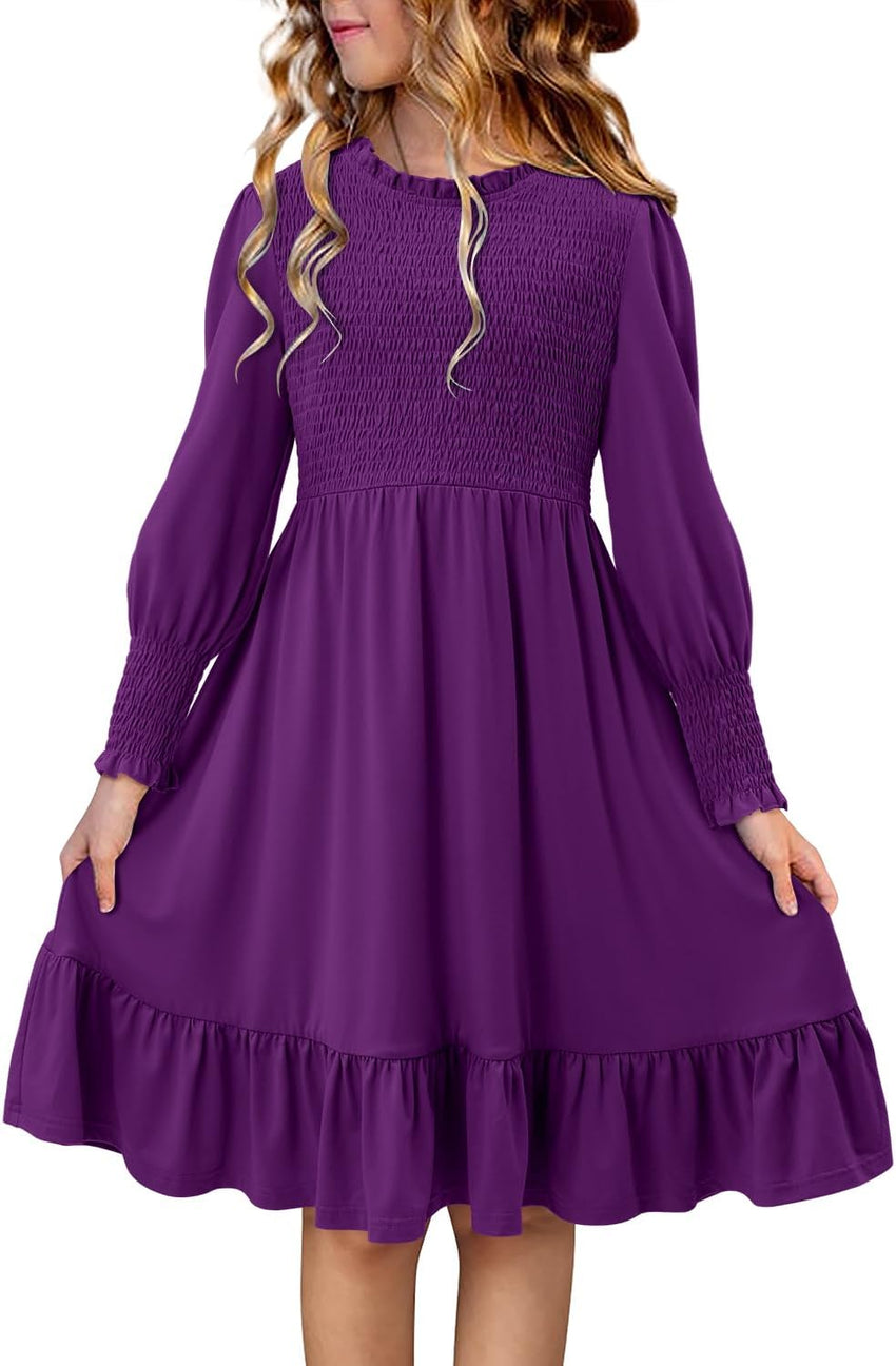 Yoklass Girls Smocked Dress Casual Puff Long Sleeve Ruffle Neck Dresses 4-13 Years